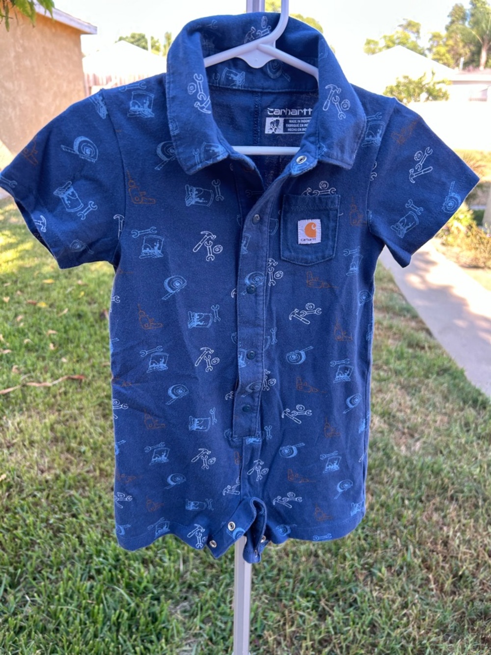 Carhartt Navy Short-Sleeve Polo Romper with Tool Print